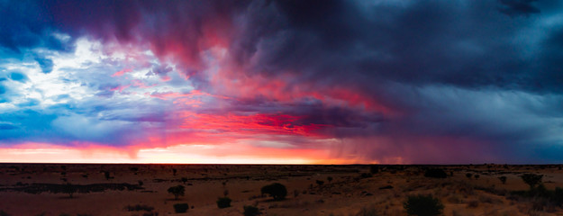 Gewitter und Regen bei Sonnenuntergang über der Kalahari, Hardap, Namibia, Panorama