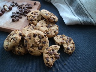 chocolate chip cookies in rustic background