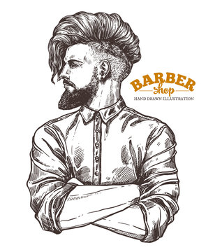 Vector sketch illustration of barbershoper. Portrait of yong hipster man with trendy hairstyle. Hand drawn image of Barber Shop owner