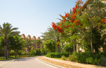 Fototapeta na wymiar Dubai, UAE, United Arab Emirates. Residential building of the Sofitel on the Palm Jumeirah hotel