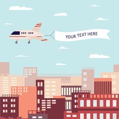 Flying banner pulled by airplane flying over a modern city flat vector illustration.