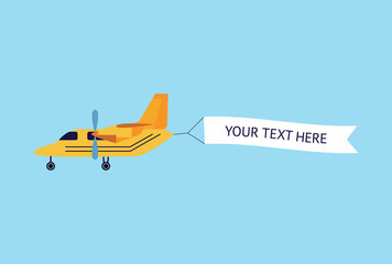 Plane or biplane with the ribbon banner flat vector illustration isolated on blue.