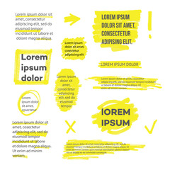 A set of lines or strokes and shapes, marks and spots, underlines and frames from the yellow marker or highlighter. - obrazy, fototapety, plakaty
