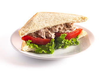 Tuna Salad Sandwich with Tomato and Lettuce Isolated on a White Background