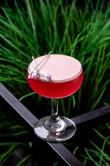 Red cocktail with pink foam in a beautiful glass on the background of fresh greens. Close-up. Space