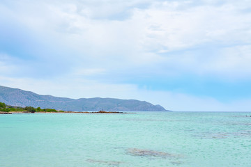                                Turquoise clear sea water in tropical beach with cloudy sky on a background. Copy space.