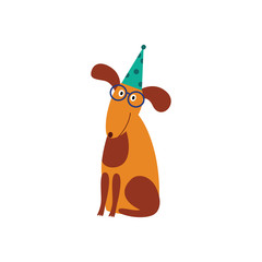 Dog or puppy with glasses and birthday hat flat vector illustration isolated.
