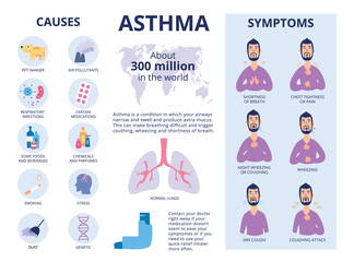 The symptoms and causes of asthma poster or banner flat vector illustration. - obrazy, fototapety, plakaty