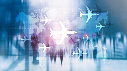 World map with flight routes airplanes. Global Aviation Business Tourism. Double exposure...