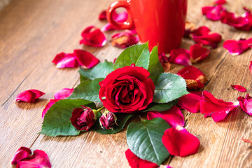 Red rose with leaves and red cup of coffee on wooden table