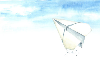 Paper plane in the blue sky. Travel concept. Watercolor hand drawn, illustration isolated on white background