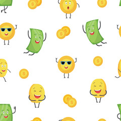 Obraz premium Happy money cartoon characters - seamless pattern. Green dollar bill and golden coin smiling and laughing