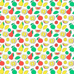 Color hand drawn fruits pattern. Summer cartoon background of the tropical fruits.