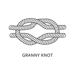 Granny knot for securing a rope, nautical string looping craft, twisted marine cord with double loop