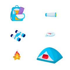Flat vector camp objects. Hike cartoon set.