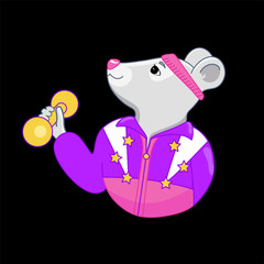Cartoon sports fitness mouse with dumbbells in hand