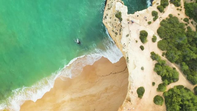 Aerial View Sandy Beach Line And Cliff Coastline With Grotte, Gruta de Benagil, Algarve, Portugal