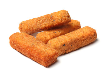 Pile of tasty cheese sticks isolated on white