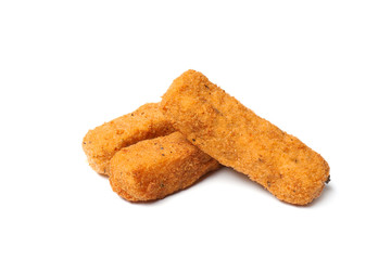 Pile of tasty cheese sticks isolated on white