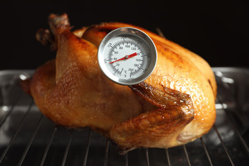 Roasted turkey with meat thermometer on baking rack