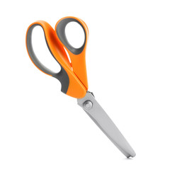 Pair of sharp sewing scissors on white background