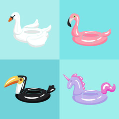 Inflatable toys for swimming pool: unicorn, flamingo, toucan, swan. Vector illustration.