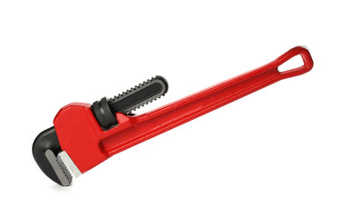 New pipe wrench on white background. Professional construction tool