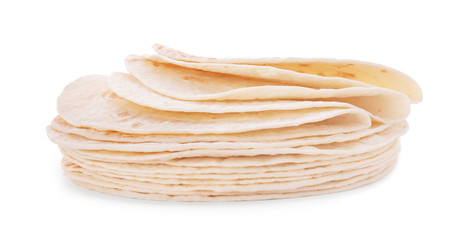 Stack of corn tortillas on white background. Unleavened bread
