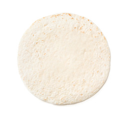 Fototapeta na wymiar Corn tortilla on white background, top view. Unleavened bread