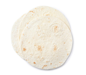 Fototapeta na wymiar Corn tortillas on white background, top view. Unleavened bread