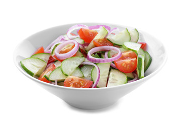 Fresh tasty salad with cucumber in bowl on white background