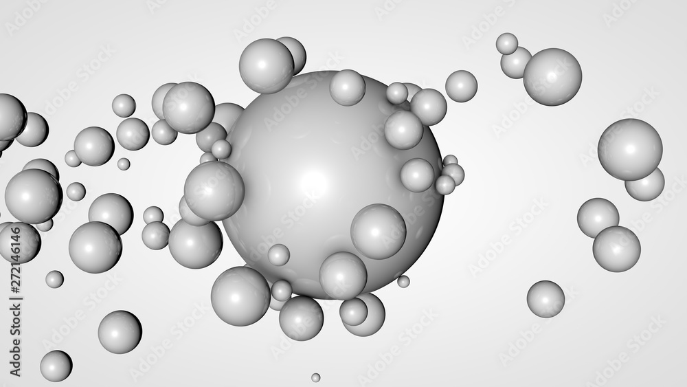 Poster 3d rendering of many small balls in the space surrounding a large white ball. the idea of interactio