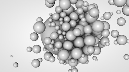 3D rendering of many small balls in the space surrounding a large white ball. The idea of interaction. Futuristic, abstract composition for the background. Image isolated on white background.