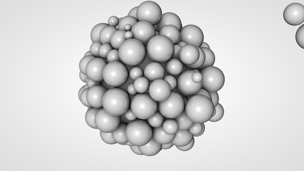 3D rendering of many small balls in the space surrounding a large white ball. The idea of interaction. Futuristic, abstract composition for the background. Image isolated on white background.