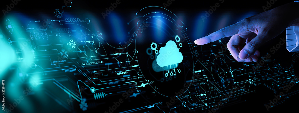 Poster Hand pushing icon Ui of Cloud Computing Technology Internet Storage Network Concept