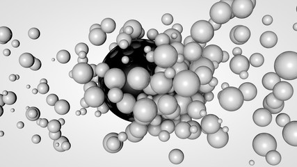 3D rendering of many small balls in the space surrounding a large black ball. The idea of chemical interaction. Futuristic, abstract composition for the background. Image isolated on white background.