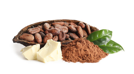 Composition with cocoa products on white background