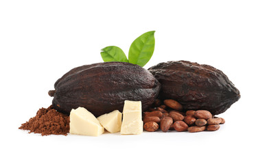 Composition with cocoa products on white background