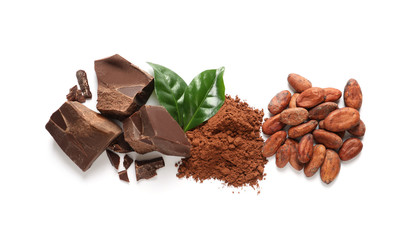 Composition with cocoa products on white background, top view