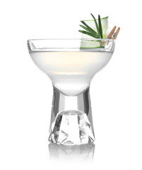 Glass of tasty martini with cucumber and rosemary on white background