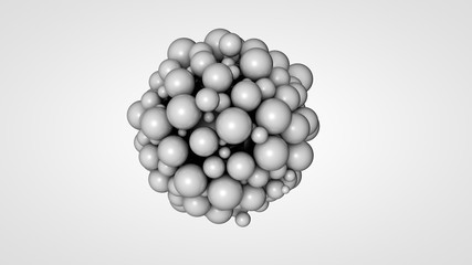 3D rendering of many small balls in the space surrounding a large black ball. The idea of chemical interaction. Futuristic, abstract composition for the background. Image isolated on white background.