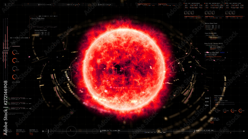 Aufkleber Futuristic motion graphic user interface head up display screen with Holographic Sun Corona Particles and digital data telemetry information display for digital background