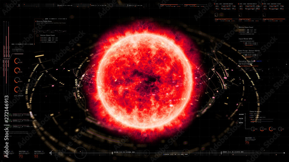 Poster Futuristic motion graphic user interface head up display screen with Holographic Sun Corona Particles and digital data telemetry information display for digital background
