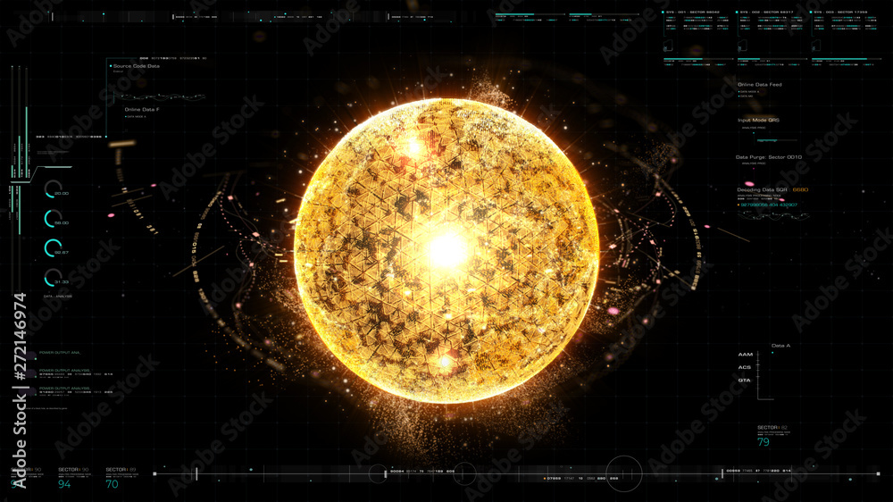 Poster Futuristic graphic user interface head up display screen with digital holographic Nuclear Fusion energy simulator 3D illustration for digital background