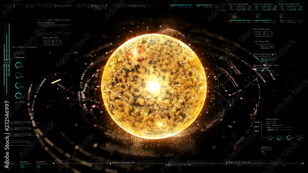 Poster Futuristic graphic user interface head up display screen with digital holographic Nuclear Fusion energy simulator 3D illustration for digital background