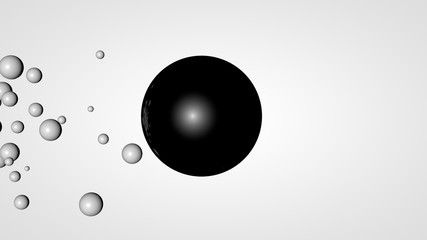 3D rendering of many small balls in the space surrounding a large black ball. The idea of chemical interaction. Futuristic, abstract composition for the background. Image isolated on white background.