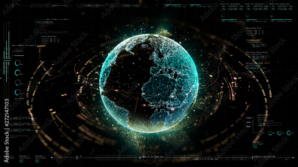 Aufkleber Futuristic motion graphic user interface head up display screen with Holographic Earth and digital data telemetry information display for digital background computer desktop display screen