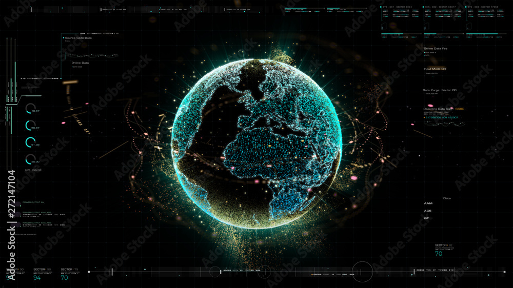 Fototapete Futuristic motion graphic user interface head up display screen with Holographic Earth and digital data telemetry information display for digital background computer desktop display screen