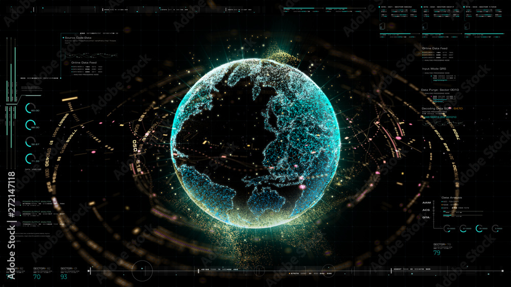 Aufkleber Futuristic motion graphic user interface head up display screen with Holographic Earth and digital data telemetry information display for digital background computer desktop display screen