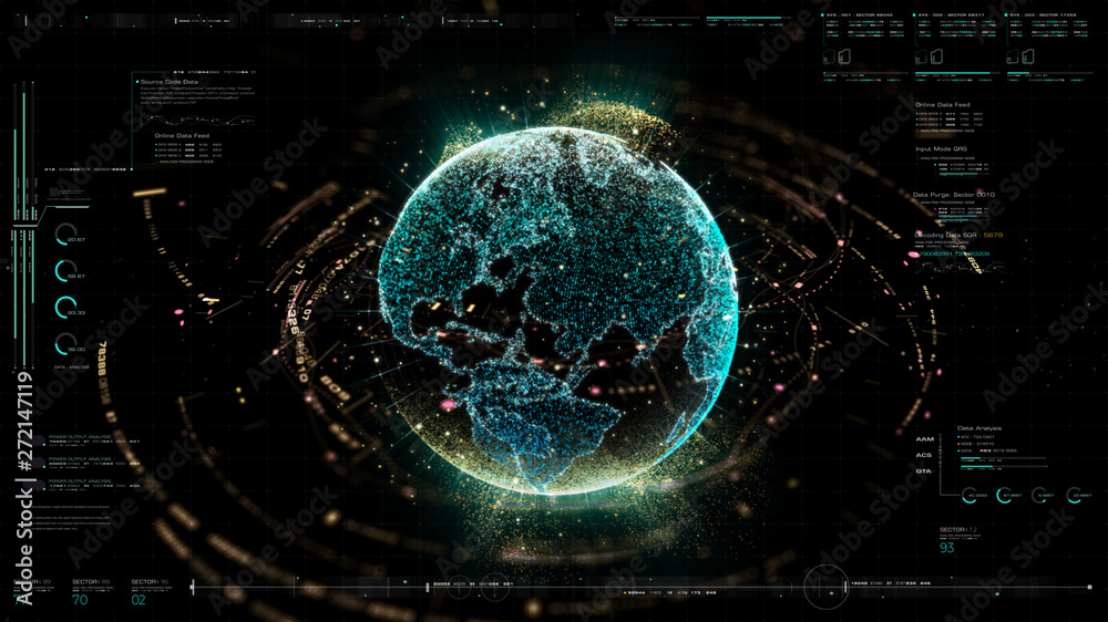 Aufkleber Futuristic motion graphic user interface head up display screen with Holographic Earth and digital data telemetry information display for digital background computer desktop display screen